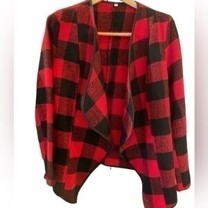 Red and black buffalo checked tweed woven open front duster jacket in size M/L